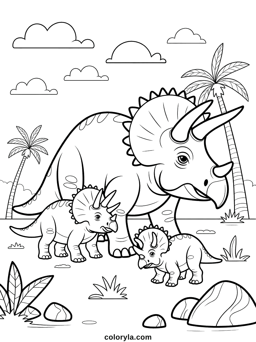 Un groupe familial de tricératops avec deux grands adultes protégeant un petit bébé tricératops entre eux.