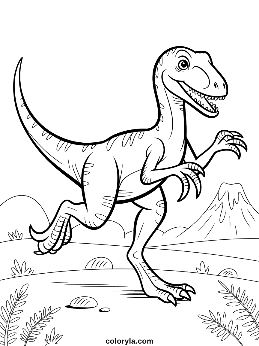 Un vélociraptor à pleine vitesse, le corps bas et aérodynamique avec les pattes en mouvement et les bras aérodynamiques.