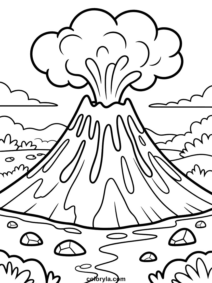 Volcano Eruption Background Coloring Page A dramatic prehistoric volcanic eruption with lava flows, ash clouds and a fiery sky over the landscape.