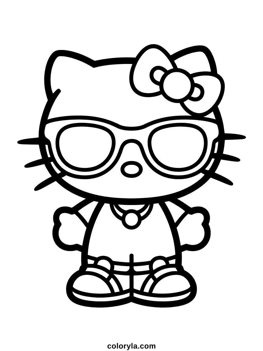 Hello Kitty wearing oversized round sunglasses, a necklace, and sneakers.