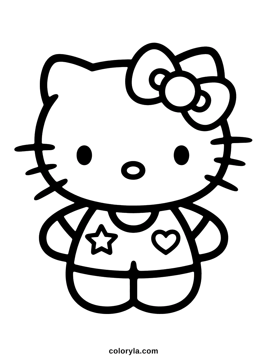 Emo Hello Kitty with Black Bow Coloring Page Hello Kitty with a plain outfit featuring a star and a heart, and a large bow.