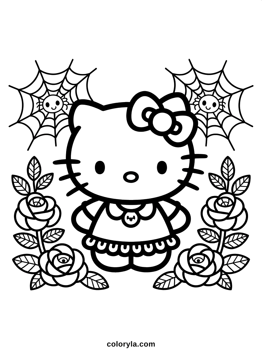Hello Kitty surrounded by roses and spiderwebs with two smiling cartoon spiders.
