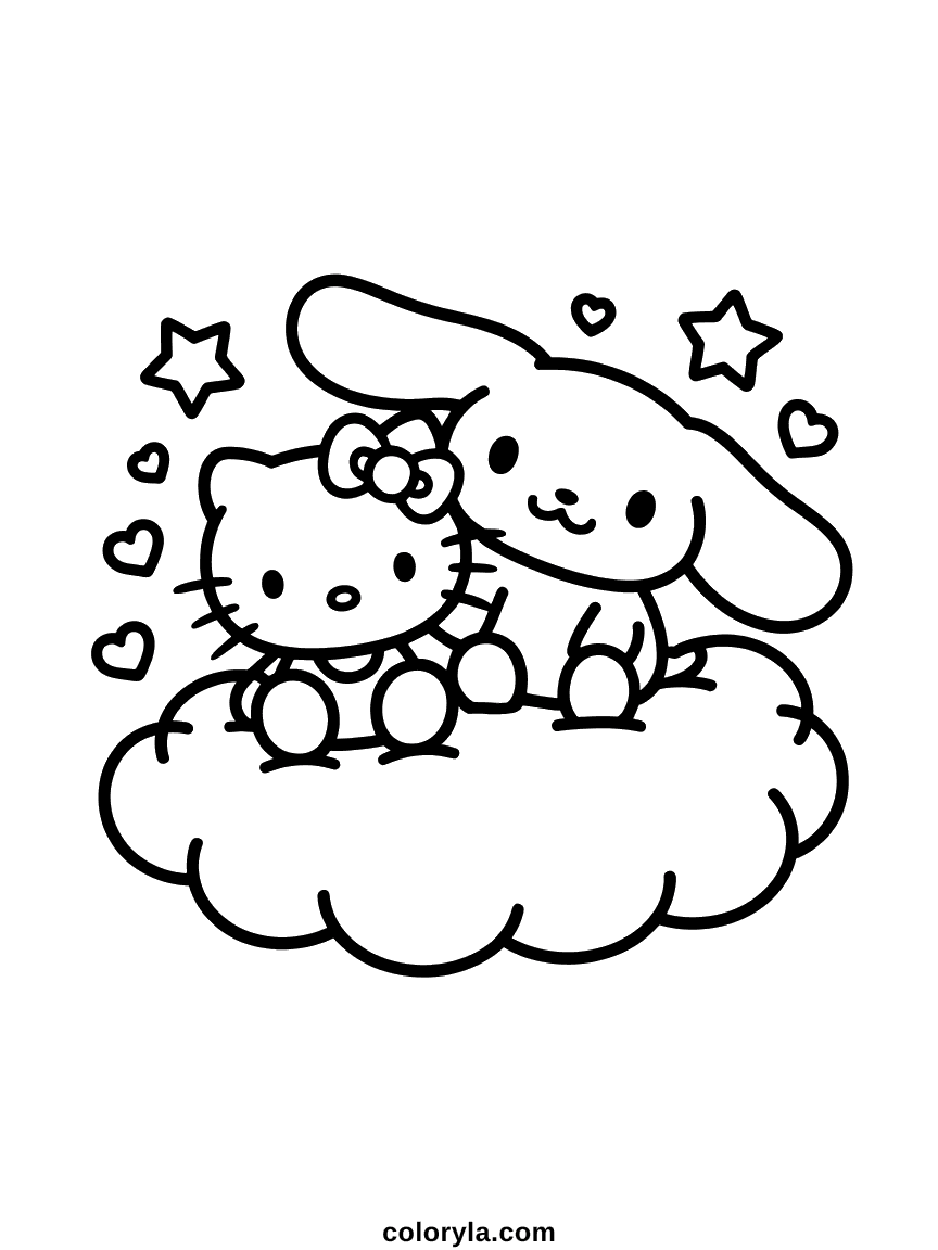 Hello Kitty and Cinnamoroll sitting together on a fluffy cloud, surrounded by hearts and stars.
