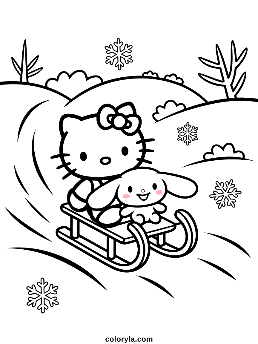 Hello Kitty and Cinnamoroll riding a wooden sled down a snowy hill.