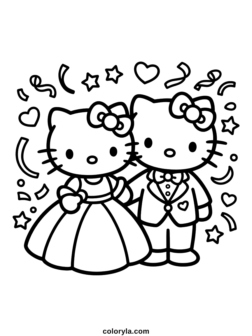 Hello Kitty in a ball gown and Dear Daniel in a tuxedo, with confetti and ribbons around them.
