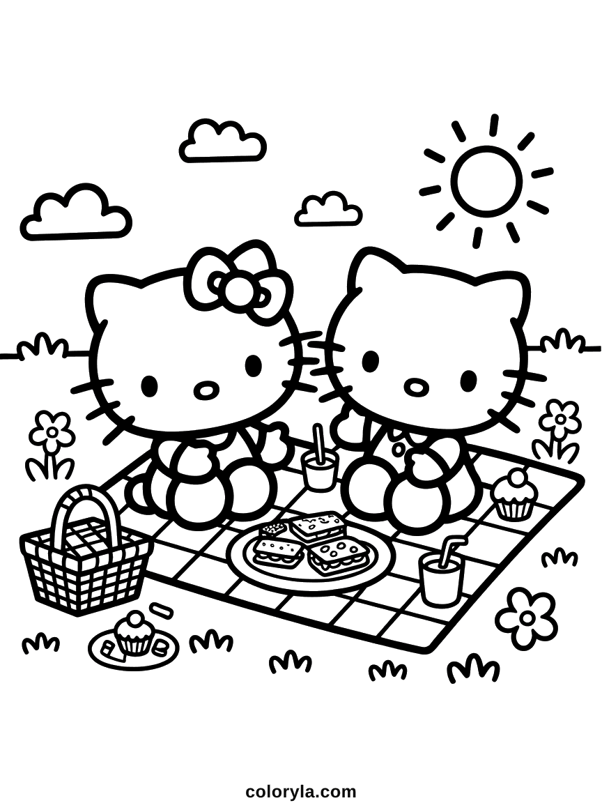 Hello Kitty and Dear Daniel sitting on a checkered picnic blanket with sandwiches and drinks.