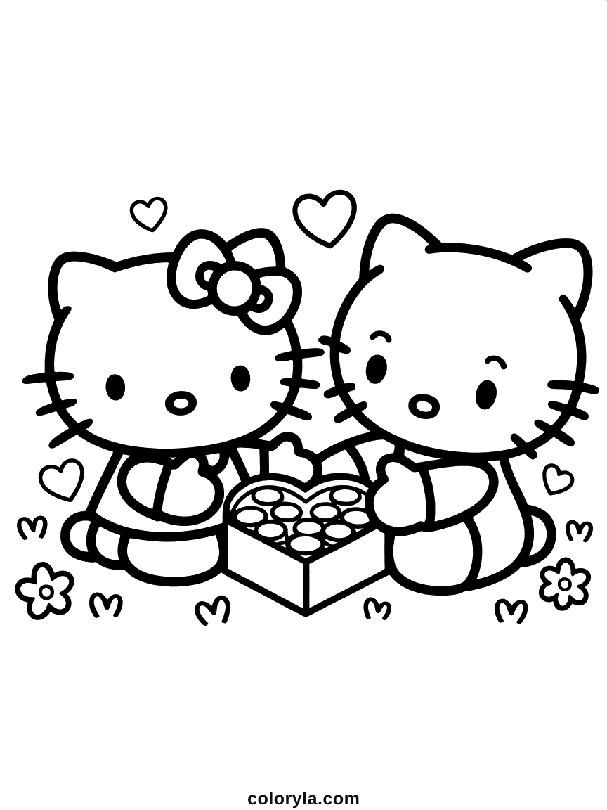 Hello Kitty and Dear Daniel sharing a heart-shaped box of chocolates.