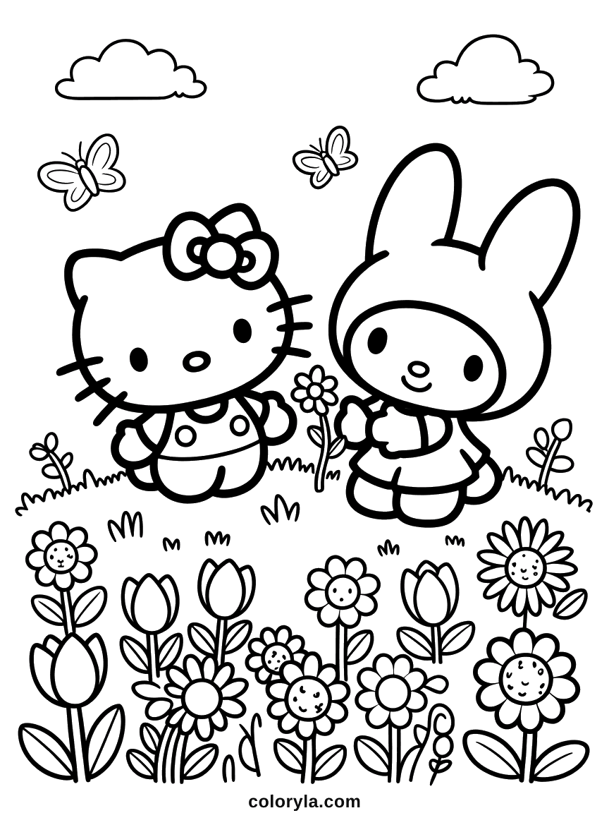 Hello Kitty and My Melody standing in a wildflower field with butterflies overhead.