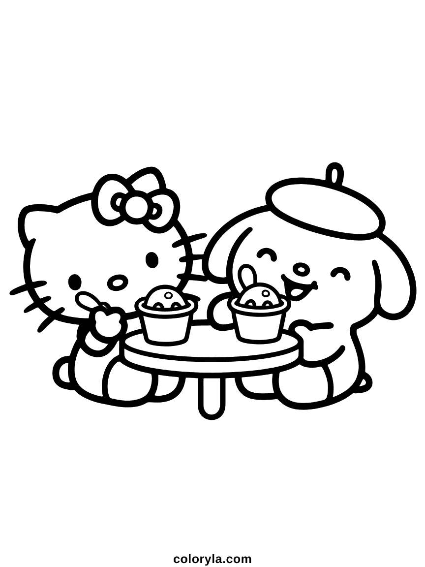 Hello Kitty and Pompompurin sharing pudding cups at a small round table.