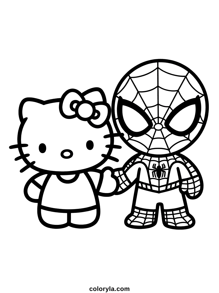 Hello Kitty and Spiderman standing side by side, his full webbed mask and suit visible.