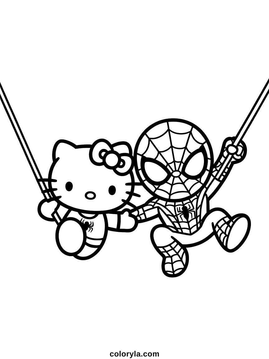 Hello Kitty and Spiderman swinging together on web lines in mid-air.