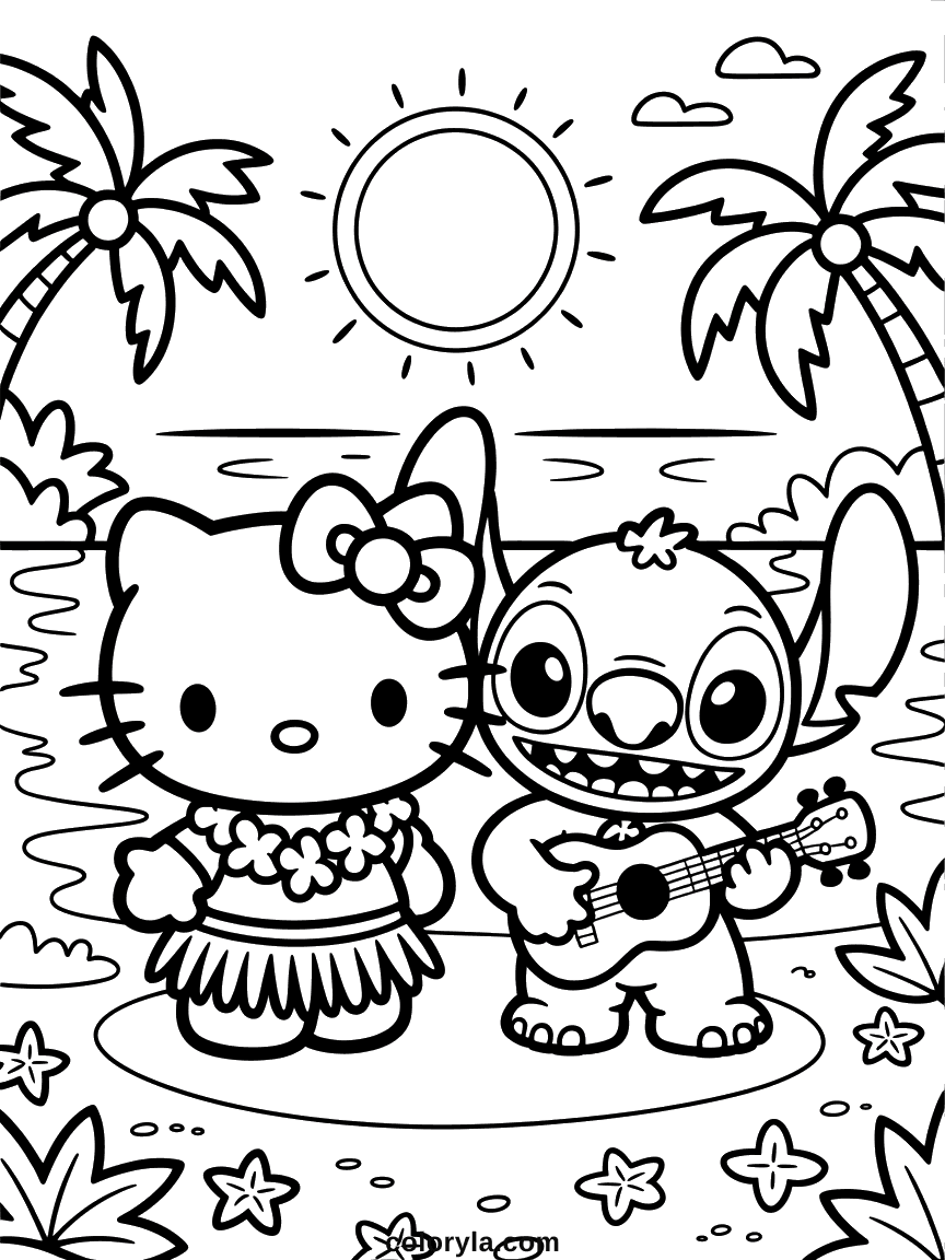Hello Kitty in a flower lei and Stitch playing ukulele on a beach with palm trees.