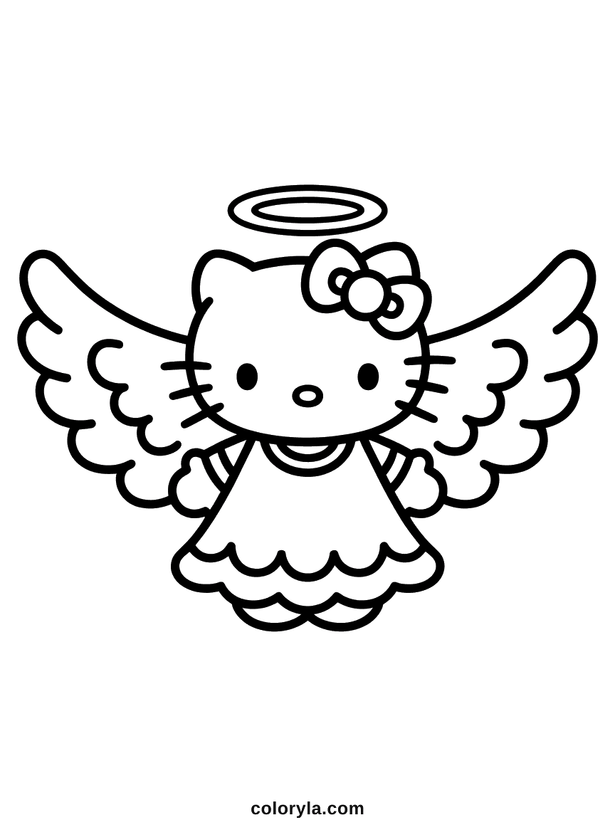 Hello Kitty dressed as an angel with a halo, large feathered wings, and a flowing dress.