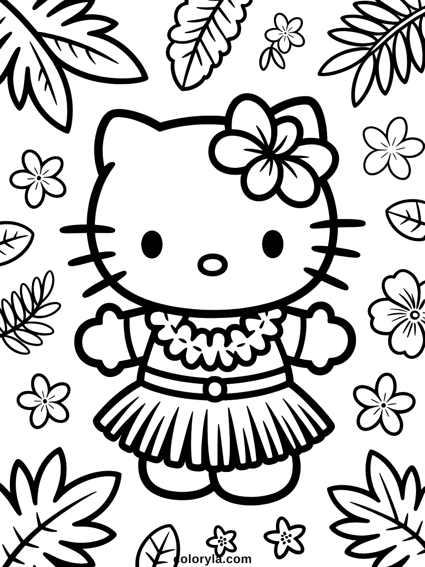 Hello Kitty in a grass skirt and flower lei, surrounded by tropical leaves and flowers.