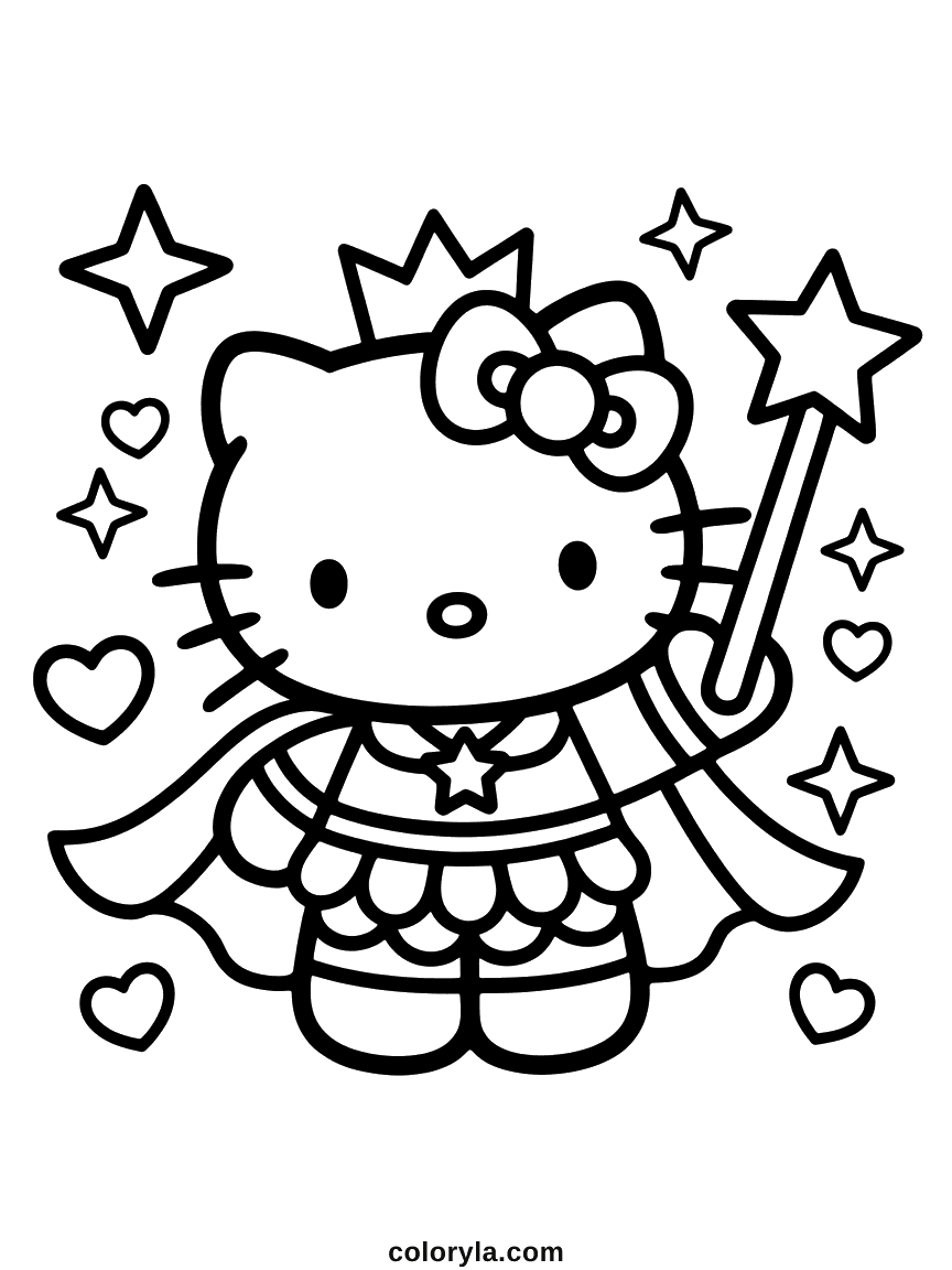 Hello Kitty in a crown, cape, and star-emblem outfit holding a magic wand.