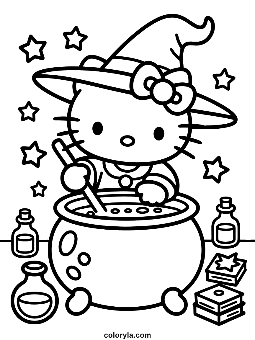 Hello Kitty in a witch hat stirring a bubbling cauldron, surrounded by potion bottles and spellbooks.