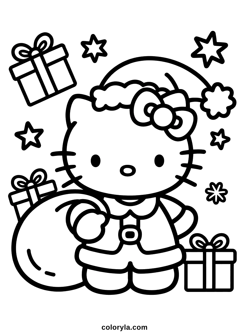 Hello Kitty in a full Santa suit carrying a sack of gifts, with wrapped presents around her.