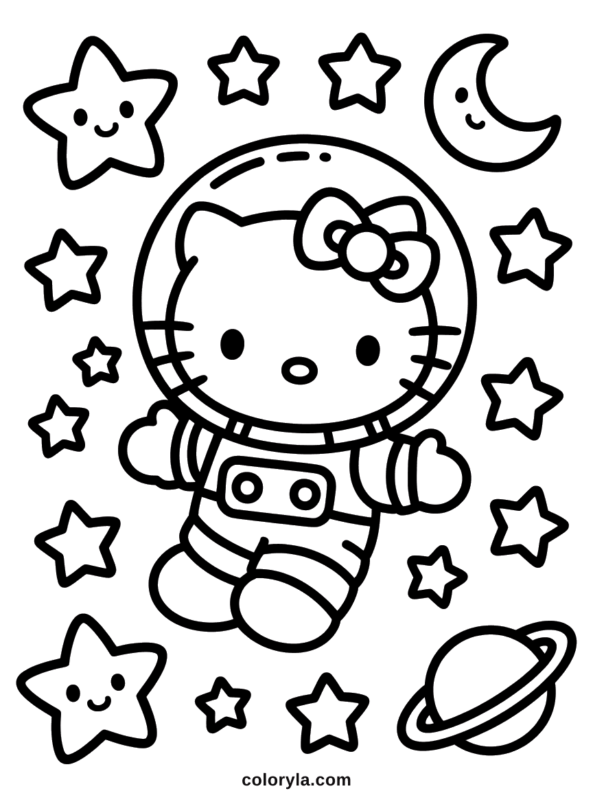 Hello Kitty in a full astronaut suit and helmet, floating among stars, a moon, and a ringed planet.