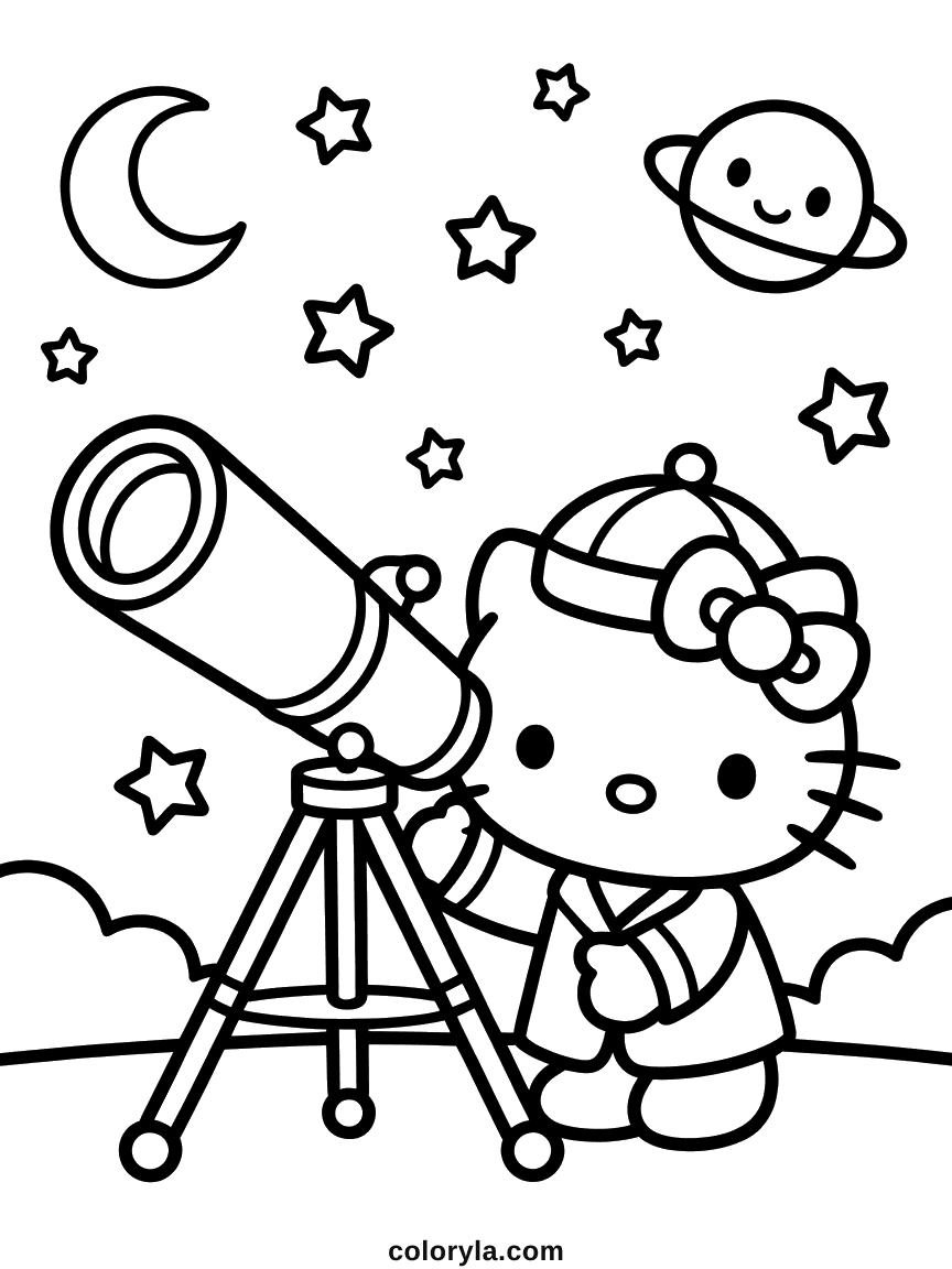 Hello Kitty looking through a large tripod telescope at a crescent moon and ringed planet.