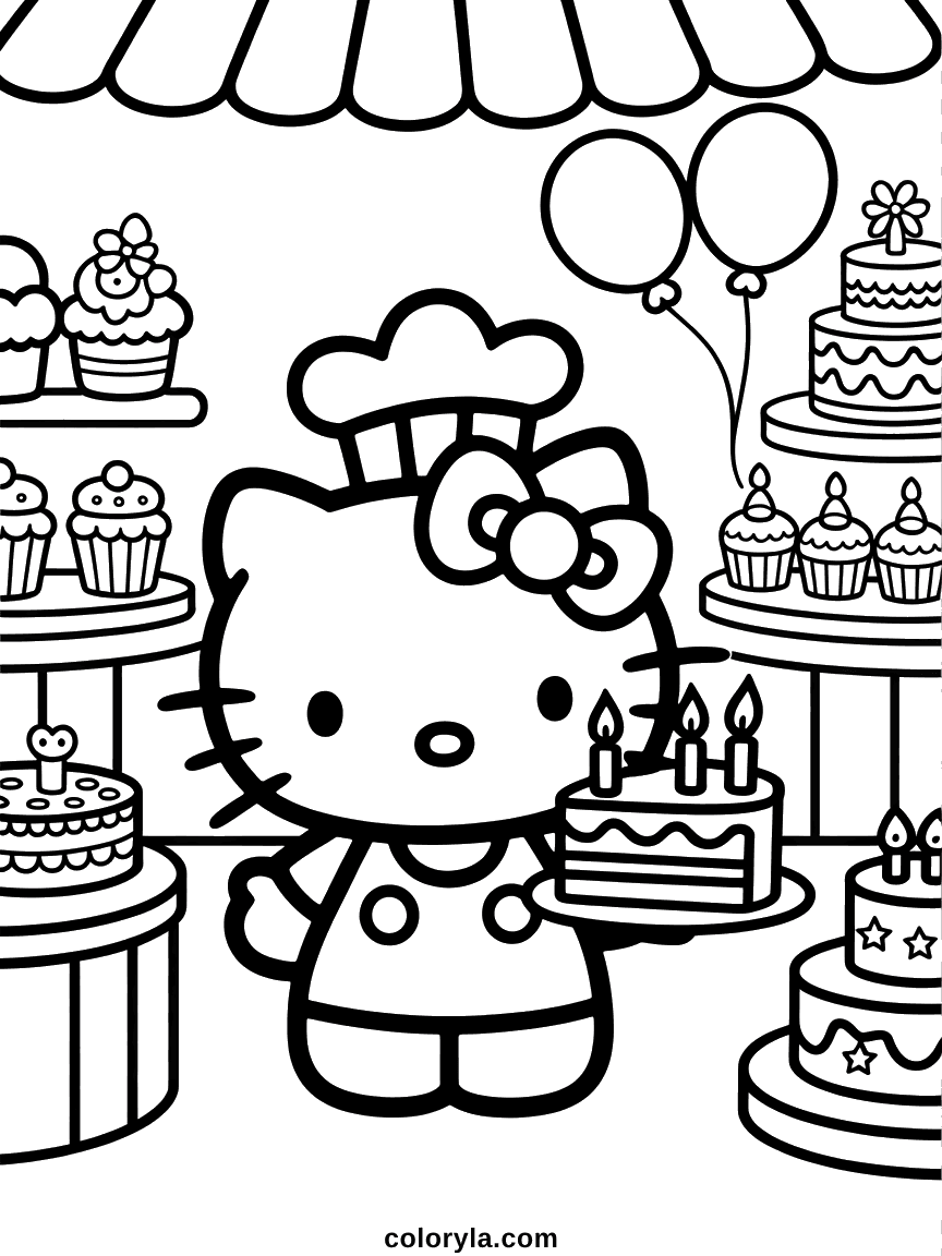 Hello Kitty in a chef hat at a shop stocked with tiered cakes, cupcakes, and balloons.