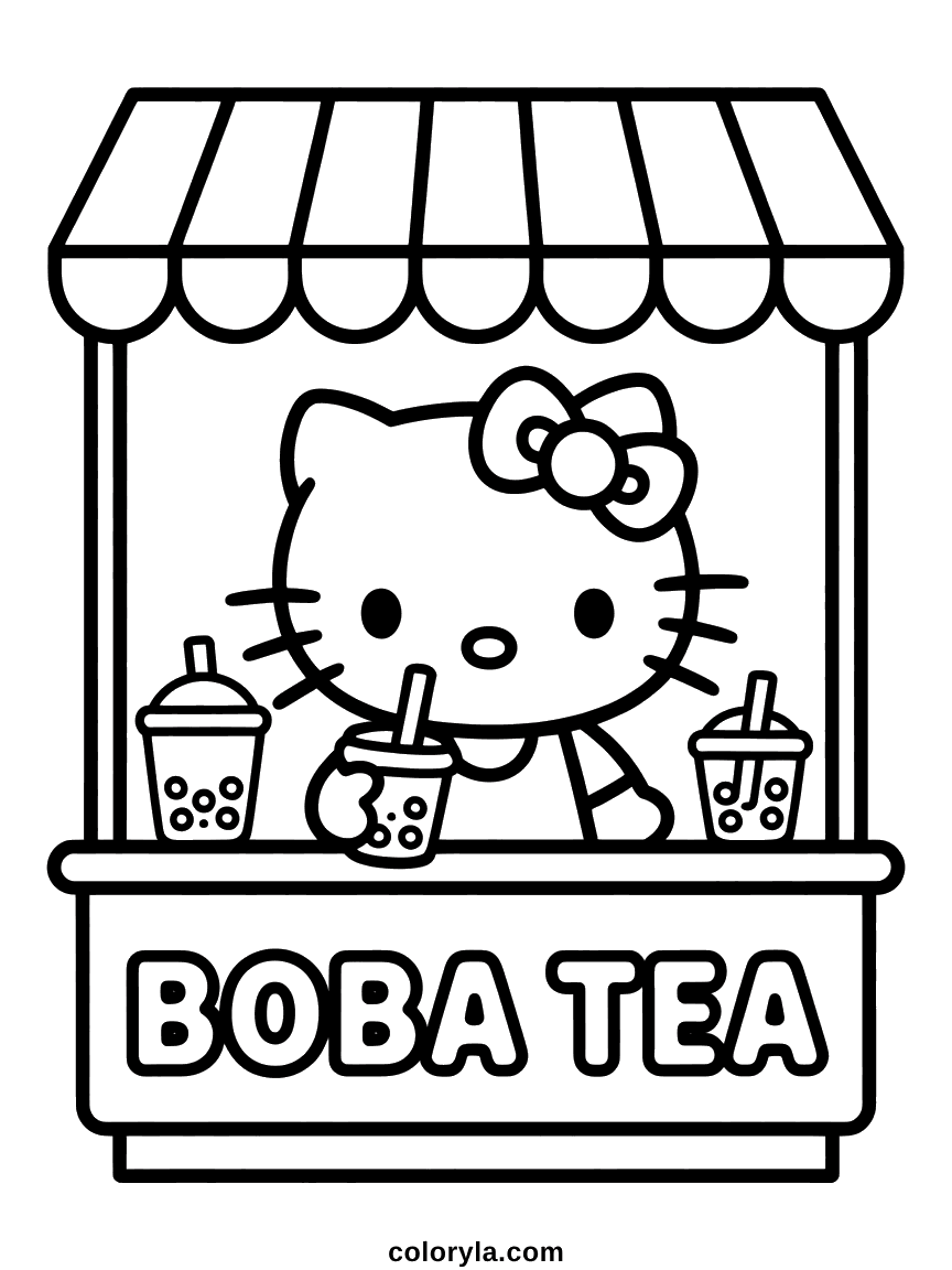 Hello Kitty at a boba tea stand with a striped awning and a BOBA TEA sign.
