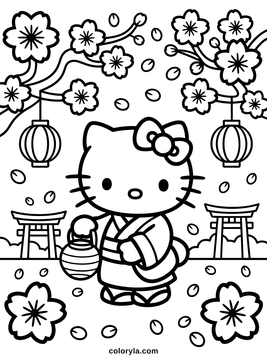 Hello Kitty in a kimono under cherry blossom branches, with paper lanterns and torii gates.