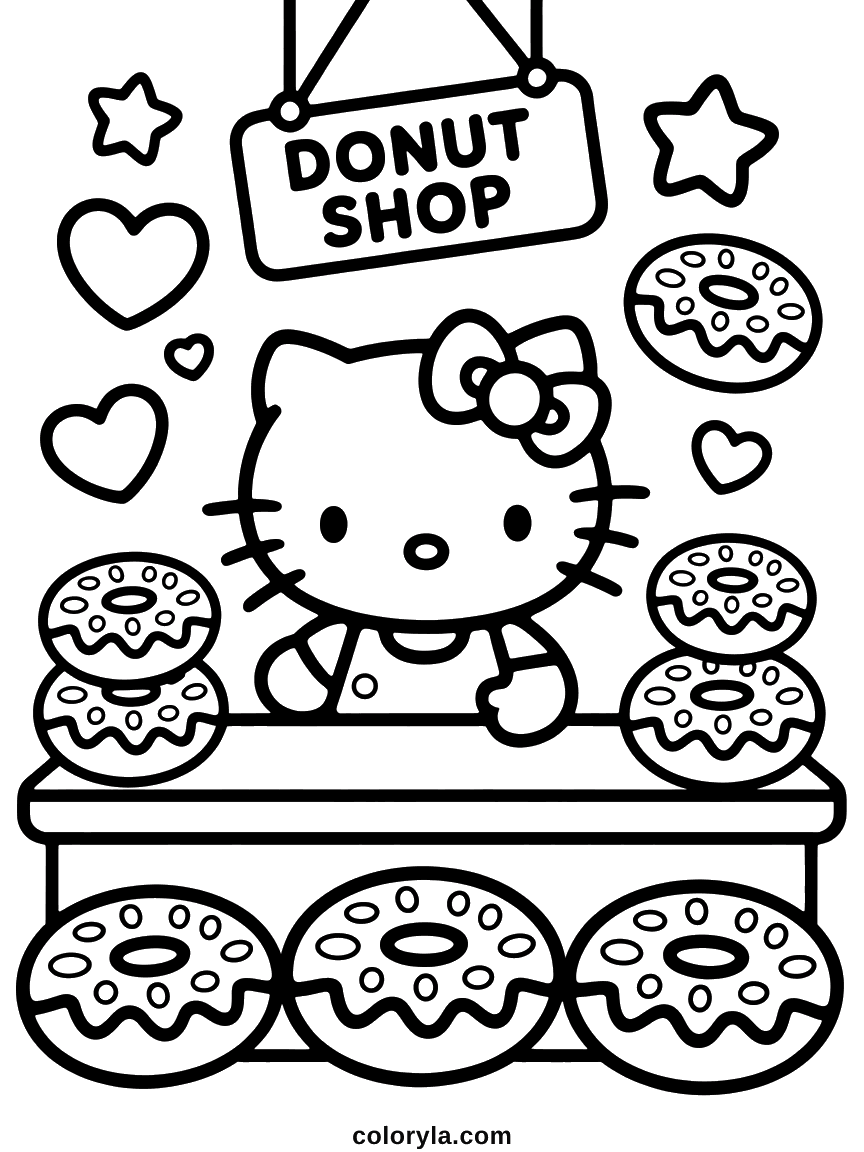 Hello Kitty behind a counter stacked with sprinkled donuts, under a DONUT SHOP sign.
