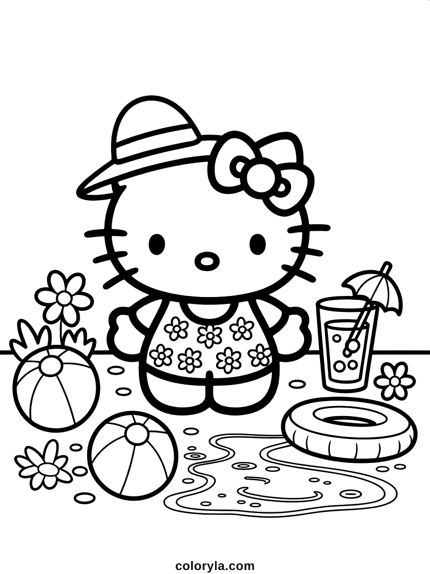 Hello Kitty in a sun hat and swimsuit, surrounded by beach balls and a pool float ring.