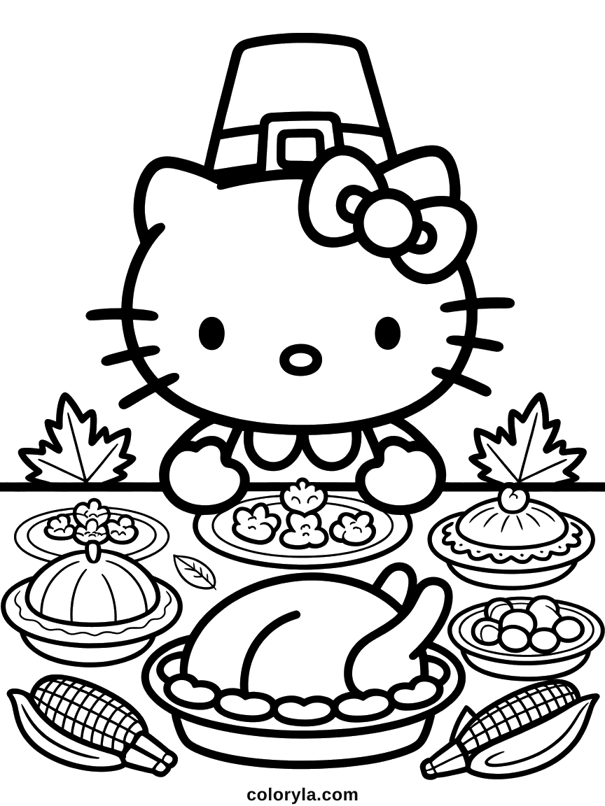 Hello Kitty in a pilgrim hat at a Thanksgiving table spread with turkey, pies, and corn.