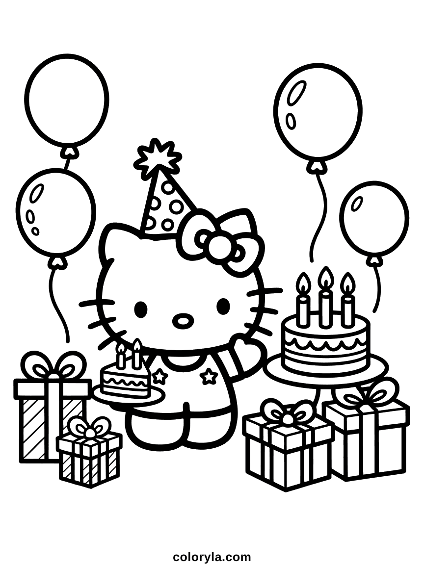 Hello Kitty in a party hat surrounded by cake, balloons, and wrapped gifts at her birthday party.