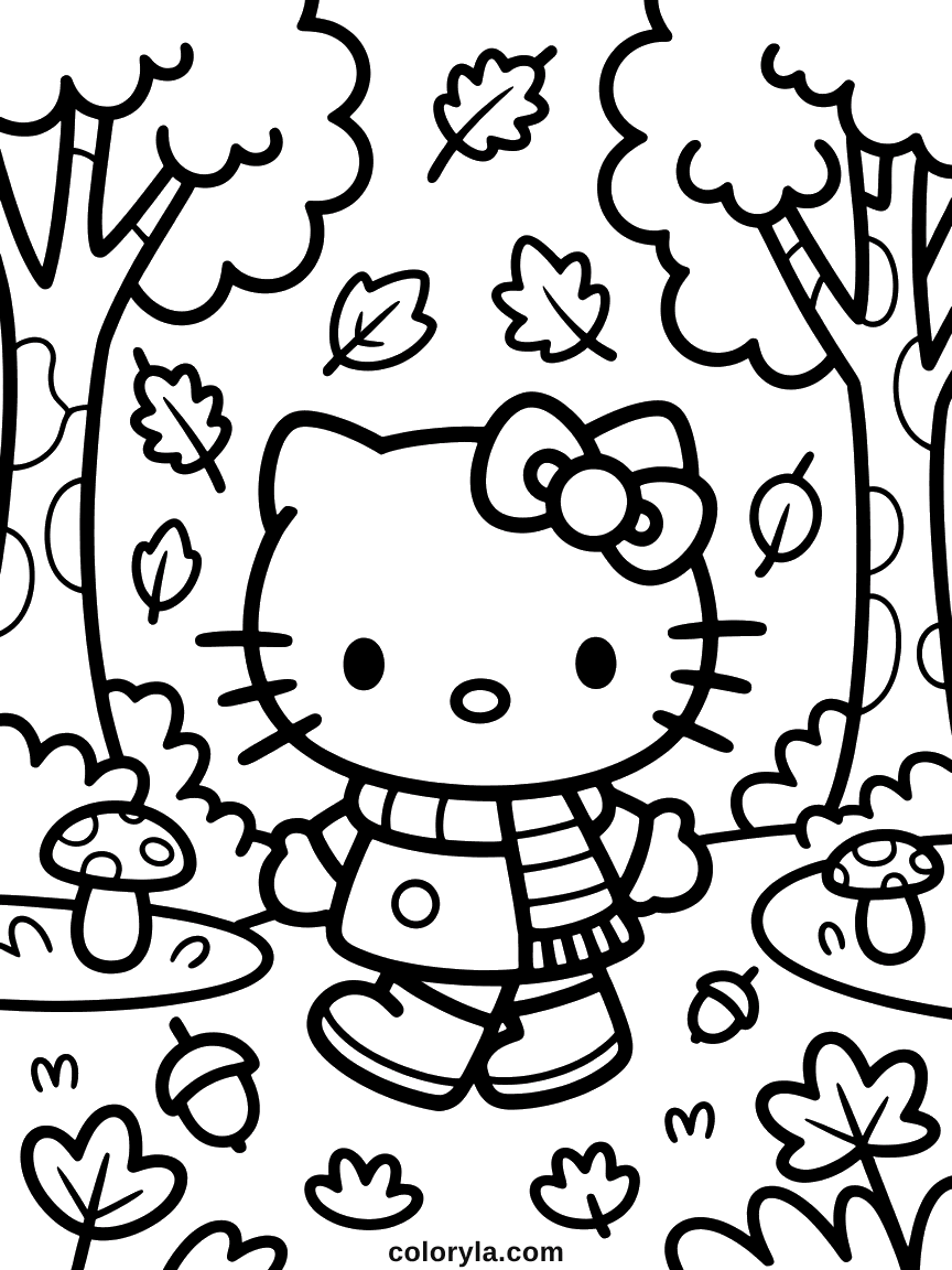 Hello Kitty in a scarf walking through a forest with falling leaves, mushrooms, and acorns.