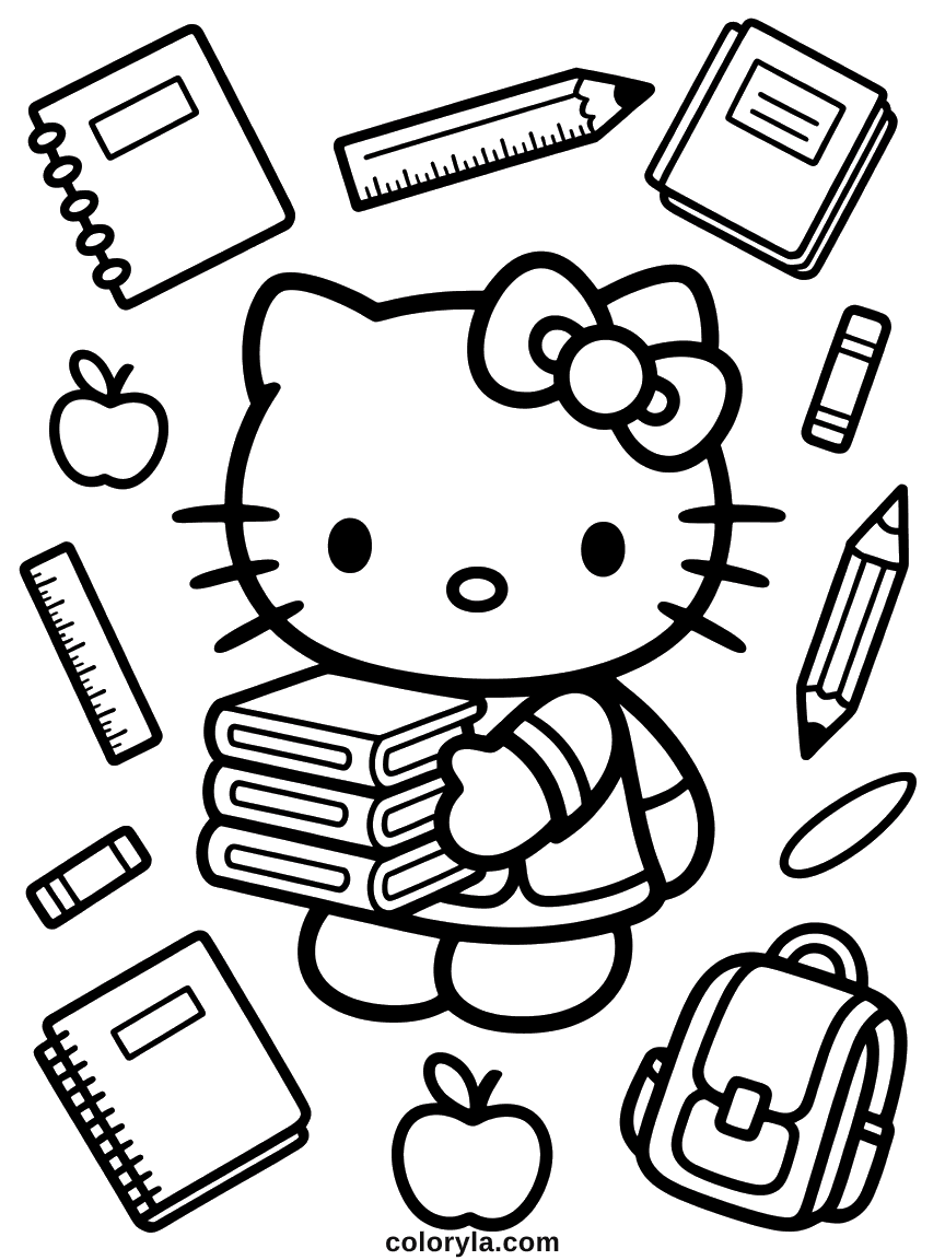 Hello Kitty holding a stack of books, surrounded by school supplies like a ruler, pencils, and apples.