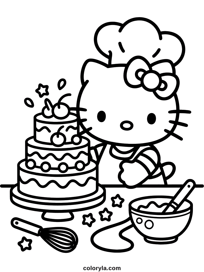Hello Kitty in a chef's hat decorating a three-tier cake with cherries, next to a whisk and mixing bowl.