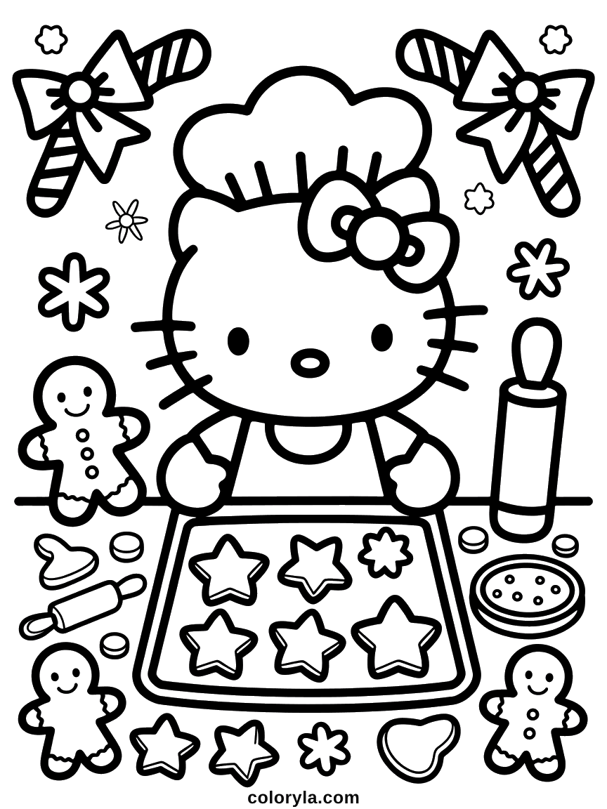 Hello Kitty in a chef hat baking a tray of star-shaped cookies, surrounded by gingerbread men and candy canes.