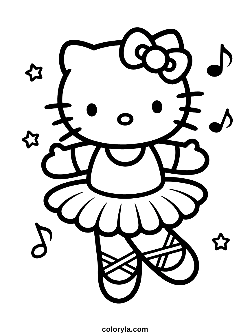 Hello Kitty dancing in a ruffled ballet tutu with crossed ballet shoes and music notes around her.
