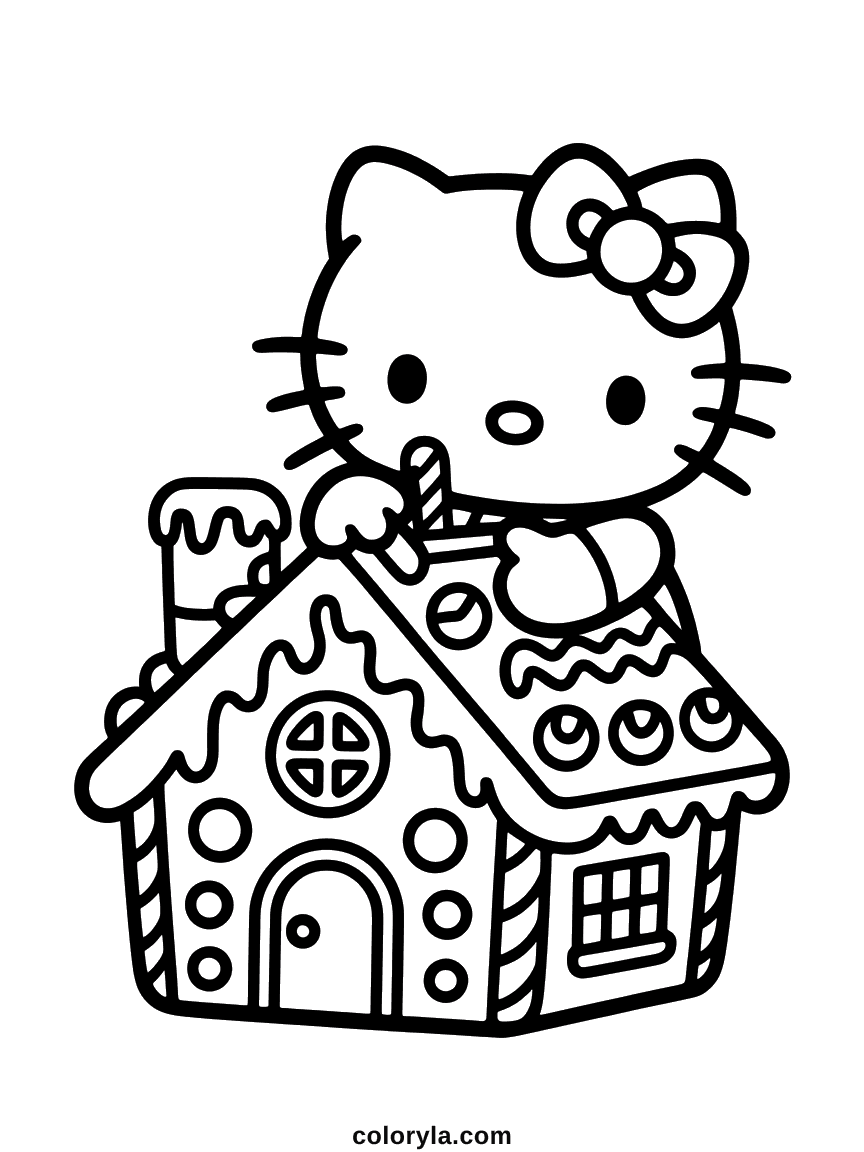 Hello Kitty decorating the roof of a gingerbread house covered in icing and candy decorations.