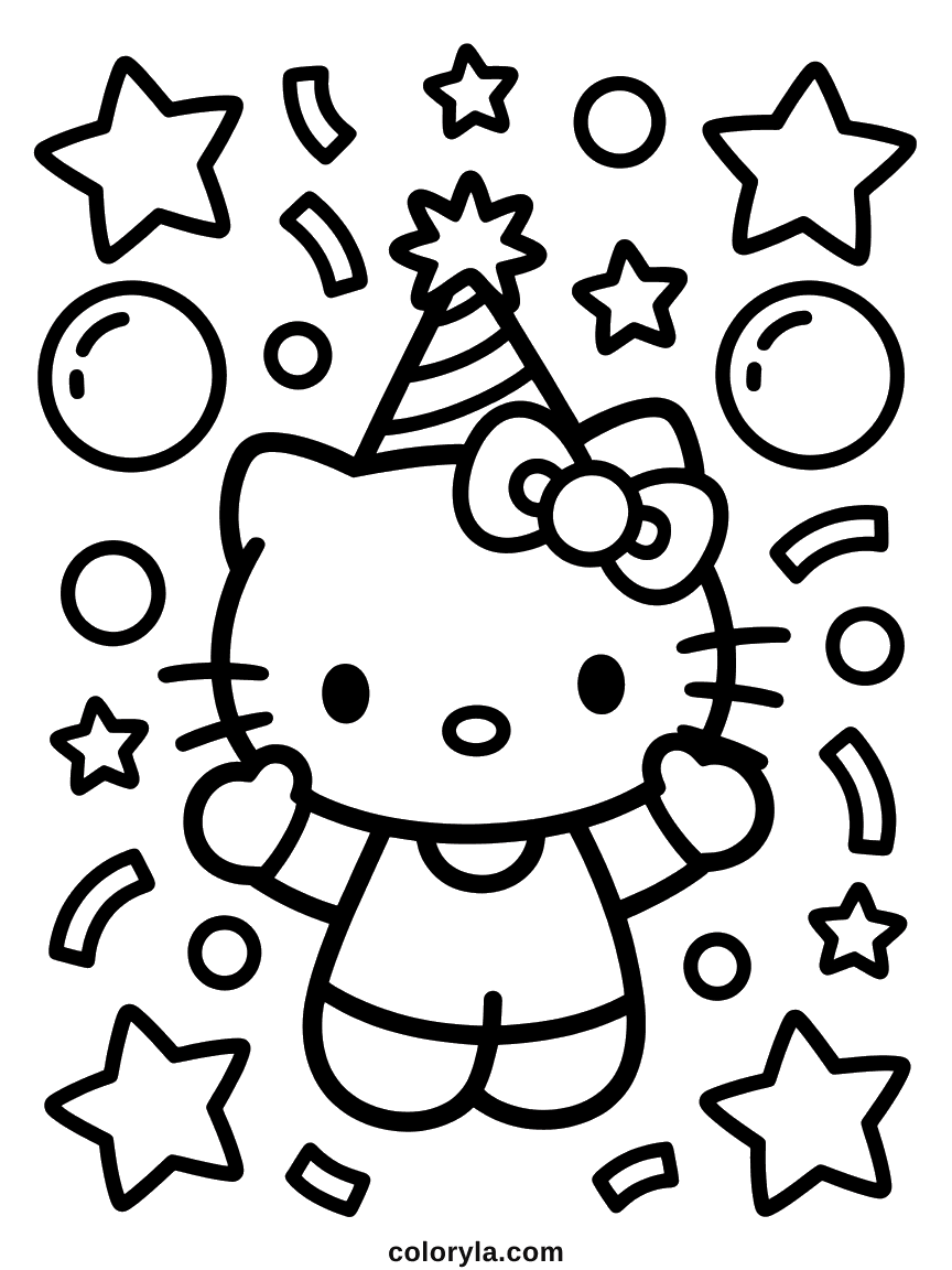Hello Kitty in a party hat surrounded by confetti, balloons, and stars.