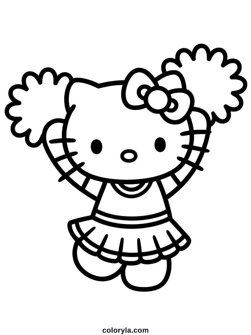 Hello Kitty jumping while cheerleading with a pompom raised in each hand.
