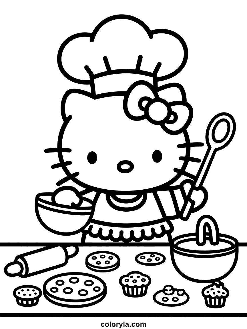 Hello Kitty in a chef hat mixing a bowl, with cookies and muffins laid out on the counter.