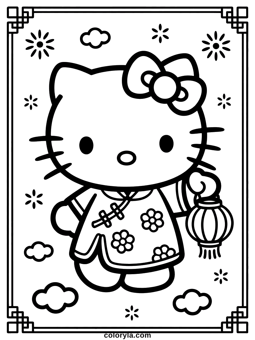 Hello Kitty in a traditional flower-patterned dress holding a lantern, inside a decorative border.