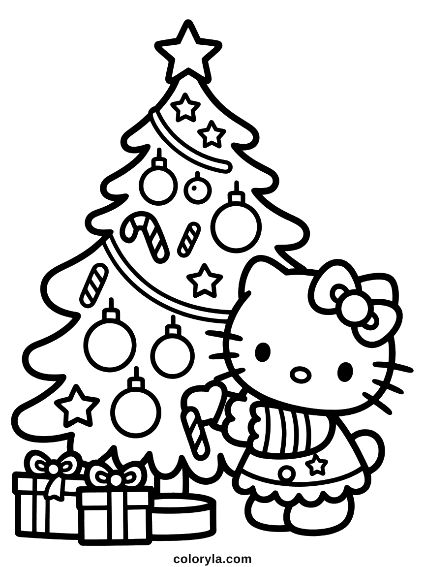 Hello Kitty hanging a candy cane on a large Christmas tree covered in ornaments, with gifts underneath.
