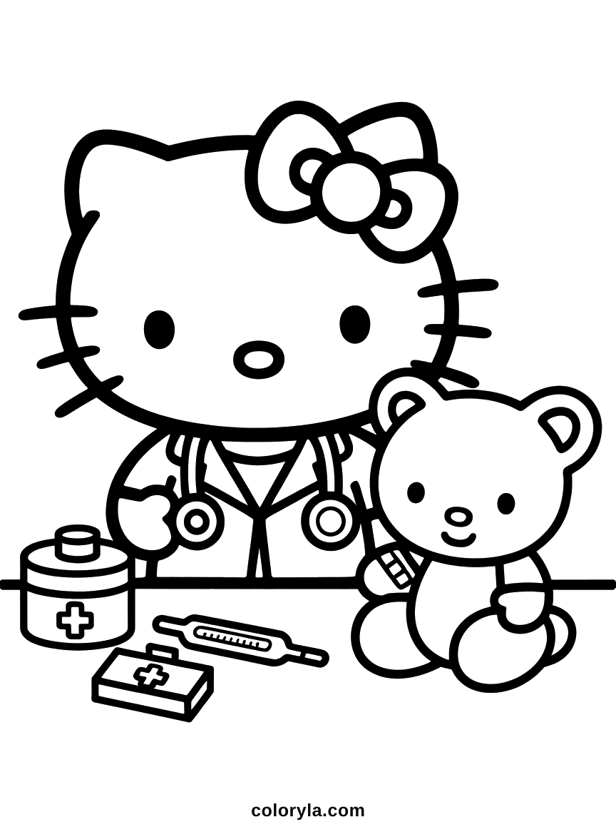 Hello Kitty dressed as a doctor with a stethoscope, treating a bandaged teddy bear.