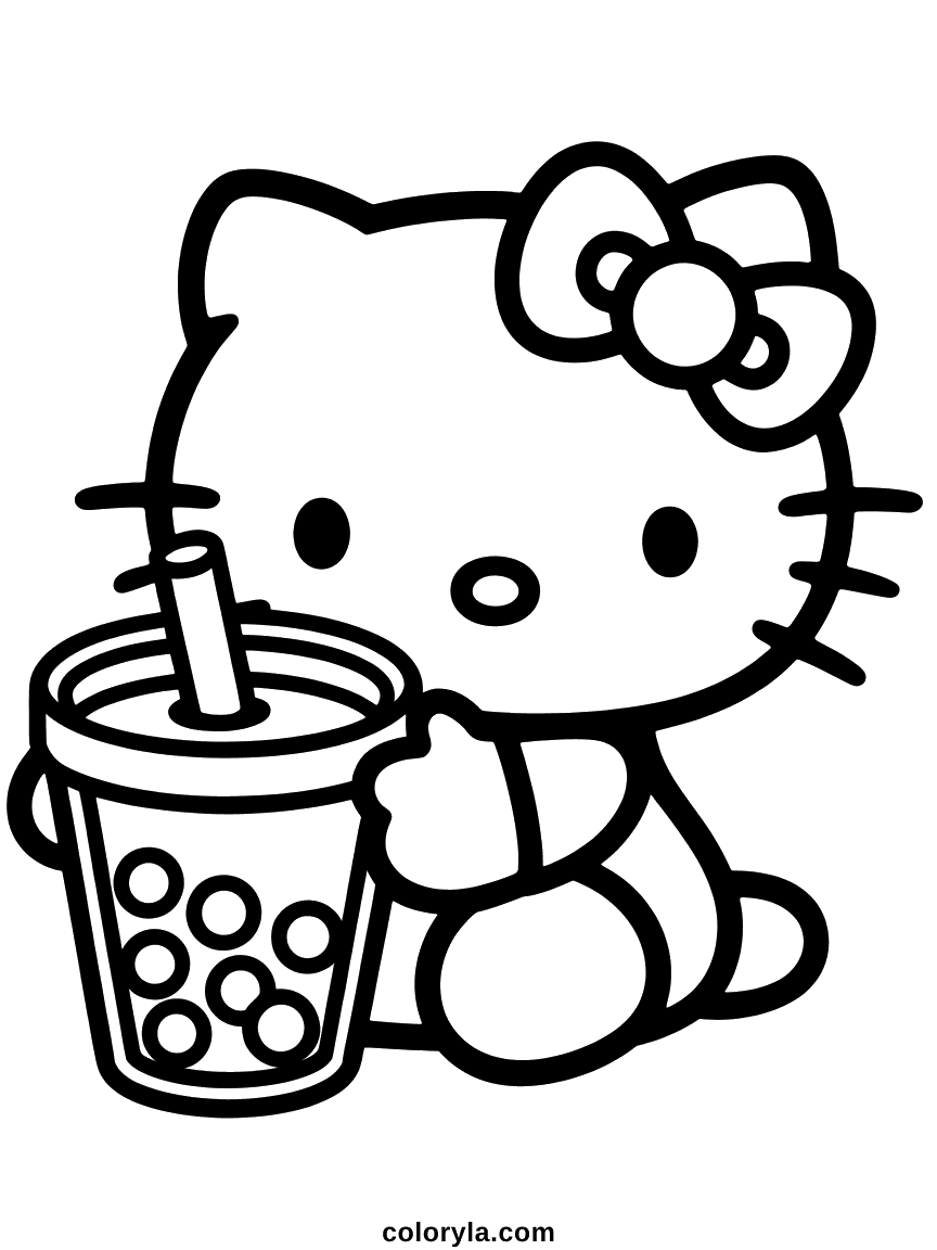 Coloriage Hello Kitty Boit un Bubble Tea Hello Kitty buvant un bubble tea avec une grosse paille, des perles de tapioca visibles dans le gobelet.