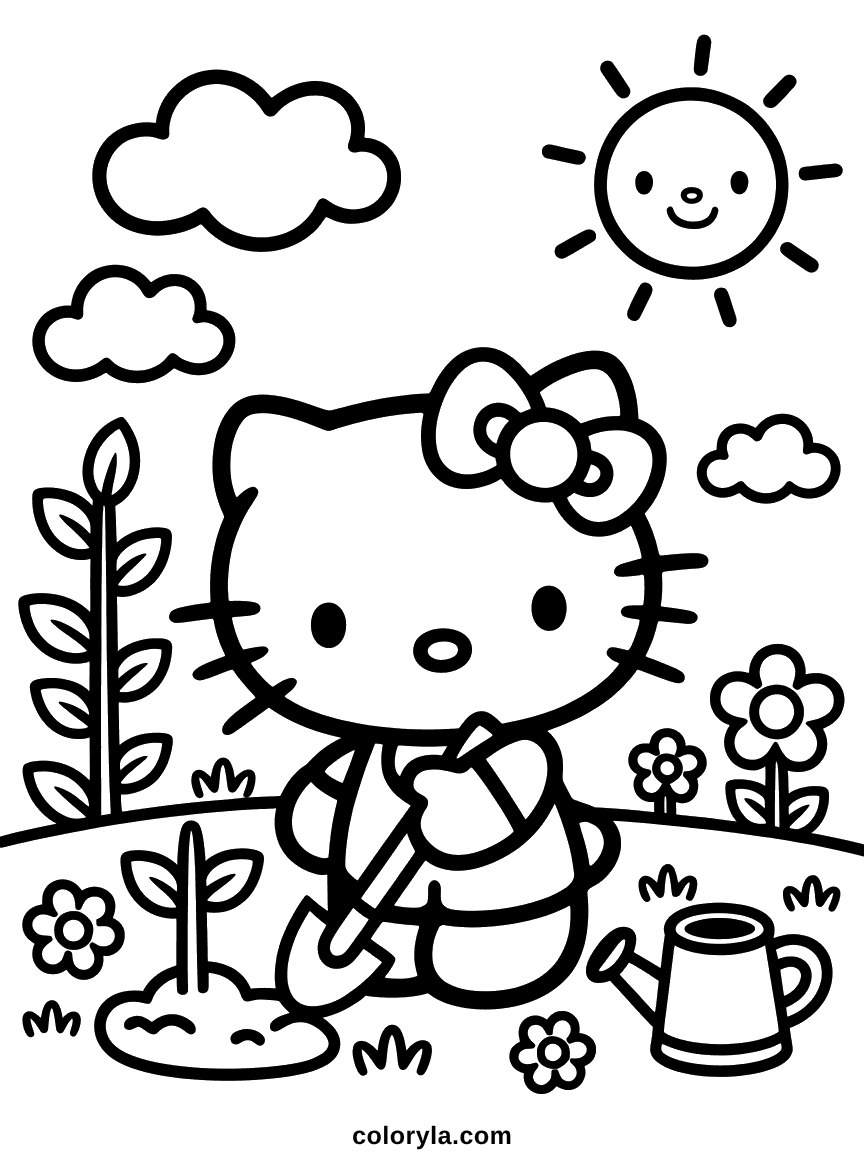 Hello Kitty plantant un jeune arbre avec une pelle, à côté d'un arrosoir sous un ciel ensoleillé.