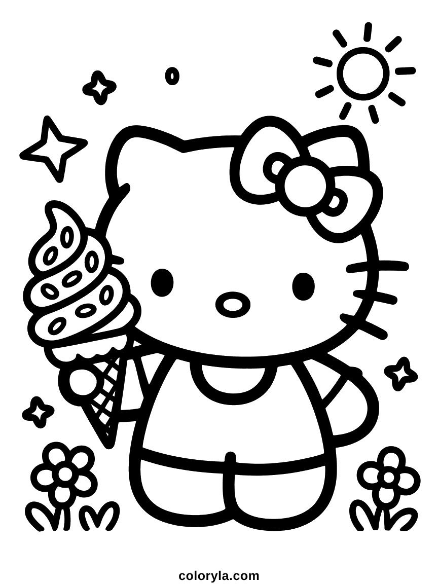 Hello Kitty tenant un grand cornet de glace en spirale sous un ciel ensoleillé.
