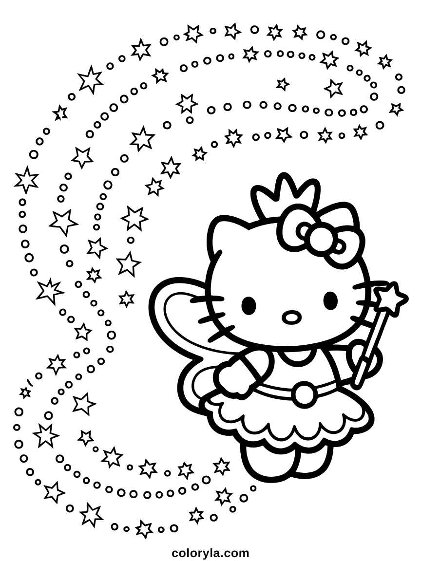 Hello Kitty habillée en fée avec une couronne et une baguette, un grand tourbillon d'étoiles derrière elle.