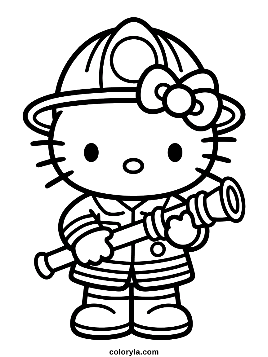 Hello Kitty en casque et uniforme de pompier, tenant une lance à incendie.