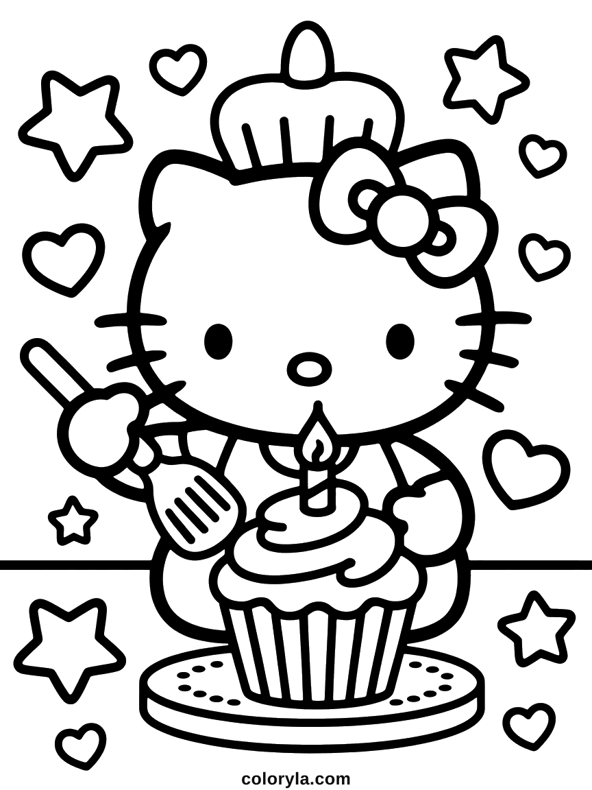 Hello Kitty en toque de chef glaçant un cupcake avec une bougie allumée, entourée de cœurs et d'étoiles.