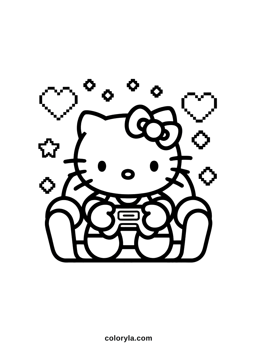 Hello Kitty assise dans un fauteuil gamer tenant une manette, avec des cœurs et des étoiles en pixels autour d'elle.