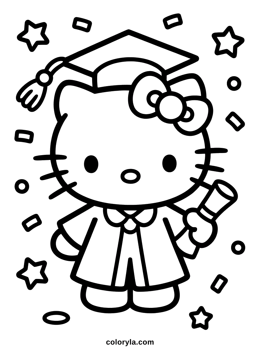 Hello Kitty en toge et toque de diplômée tenant un diplôme roulé, entourée de confettis.